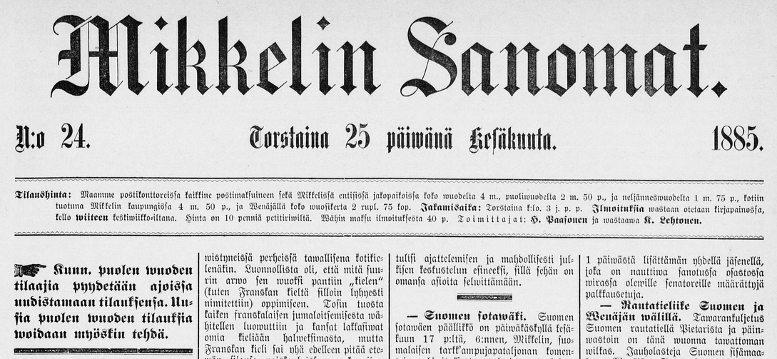 Mikkelin Sanomat 25.6.1885 DIGI - Kansalliskirjasto digitoidut aineistot / Sanomalehdet